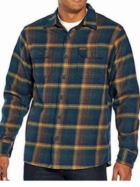 Orvis 100% Cotton Flannel Shirt Jacket Blue Plaid Yellow Green Large